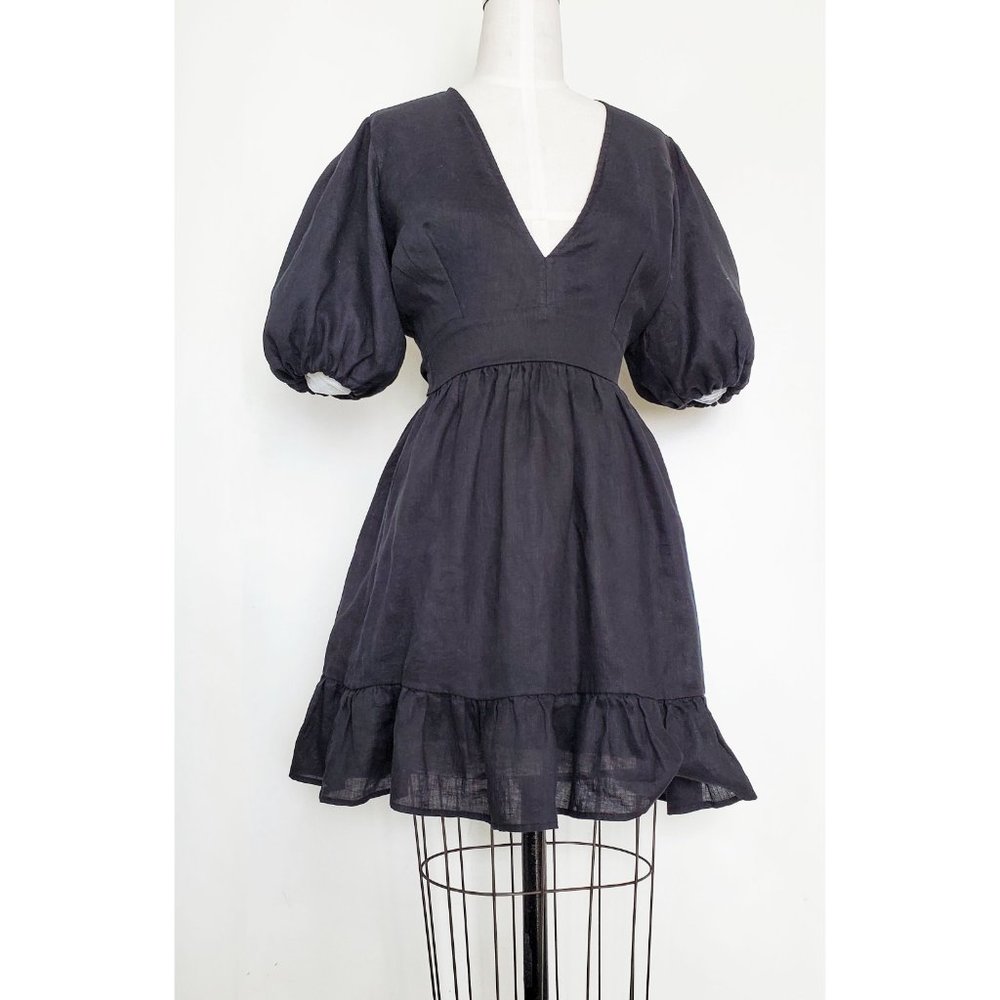 Faithfull The Brand Womens Black Linen Tie Back Dress Balloon Sleeves 6 - Picture 10 of 11